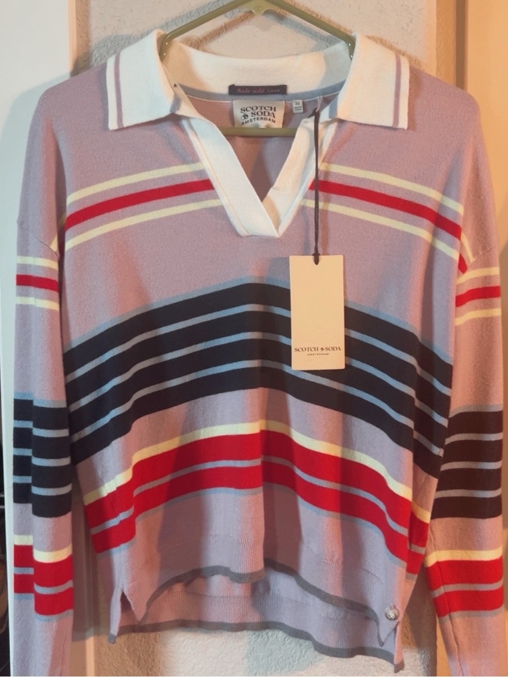 Scotch & Soda Lavender V-Neck Polo Sweater “Iris Engineered Stripe”
